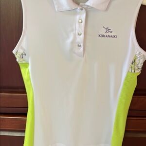 N’vo ladies golf shirt. White and Neon Green Sleeveless with Snap front